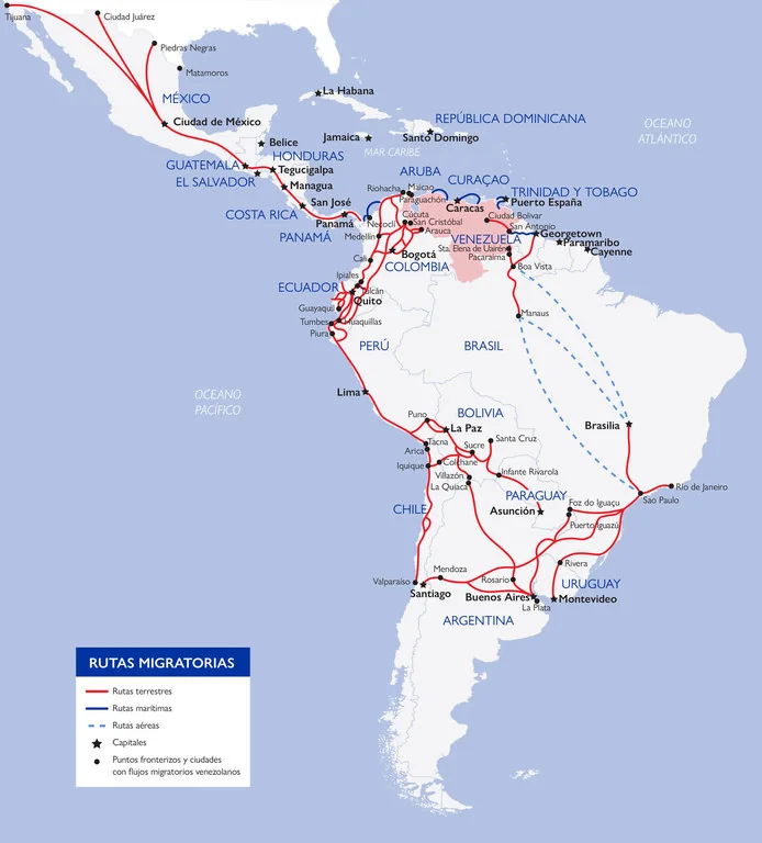 Este mapa presenta una visión general de las rutas migratorias en Sudamérica y se presenta únicamente con fines ilustrativos. Los límites y nombres mostrados y las designaciones utilizadas en este mapa no implican aprobación o aceptación oficial por part…